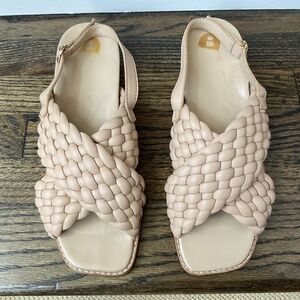 Bared Footwear Sandal, beige leather flat with adjustable back strap size 39